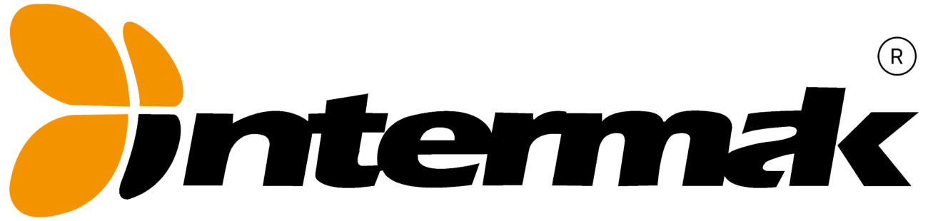 Intermak logosu: stilize turuncu yapraklar ve siyah harfler